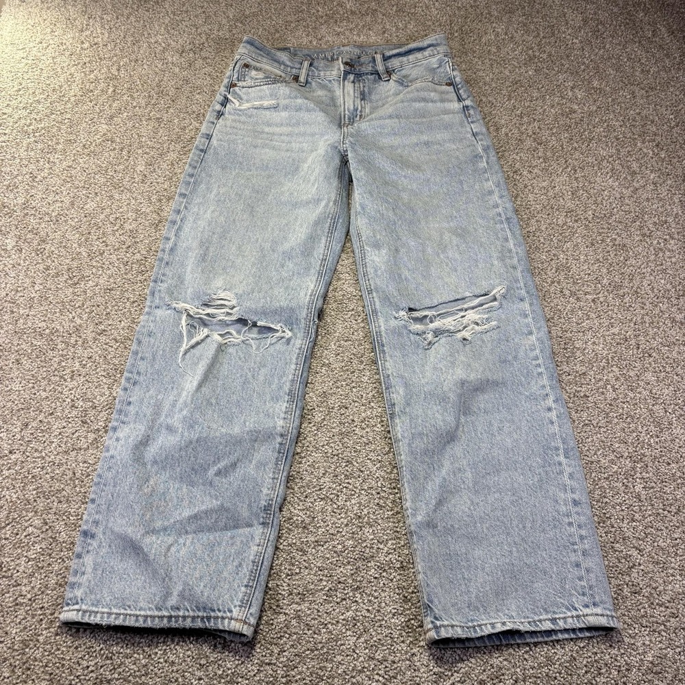 American Eagle Jeans Womens 0 Short Blue Light Wash Straight Distressed 25x26.5